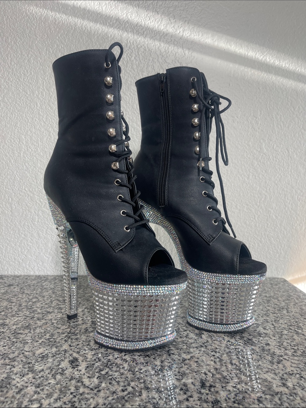 Pleaser Black Lace-Up Peep Toe Platform Boots with Crystal Platform & Heel